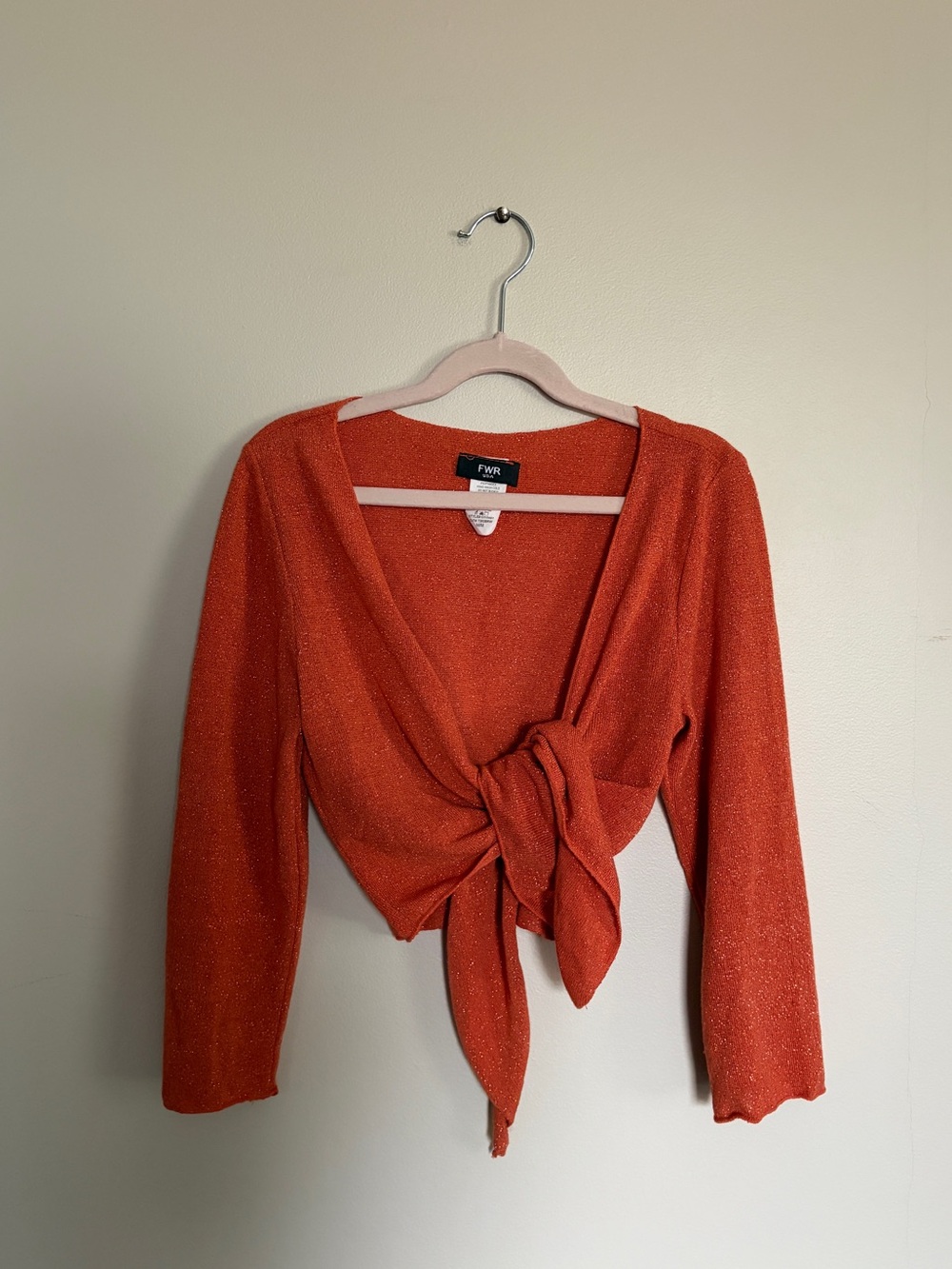 Y2K Burnt Orange Sparkly Cropped Bolero Shrug Long Sleeve Front Tie | Boho Fairy - Picture 4 of 10